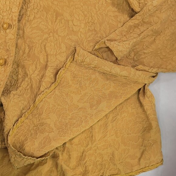 Uru 100% Silk Blouse Yellow Embossed Floral Flowers Button Textured 3/4 sleeve L - Picture 6 of 11